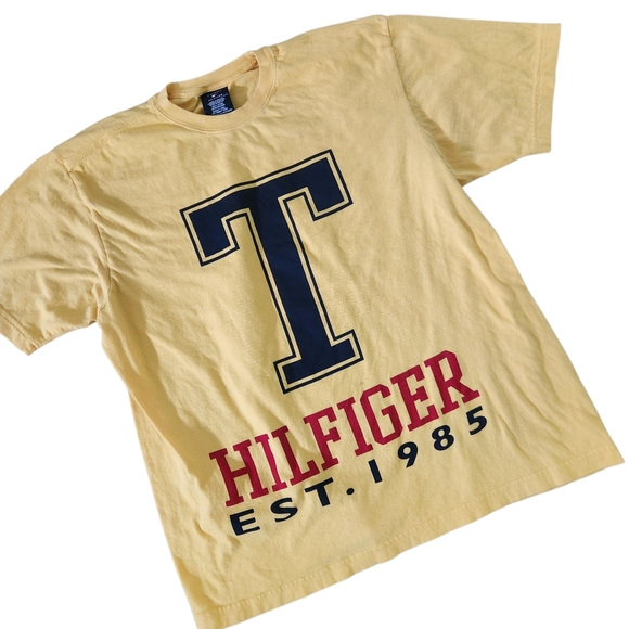 Tommy Hilfiger T Shirt Mens Large Yellow Large Graphic Short Sleeve Top - Picture 1 of 6